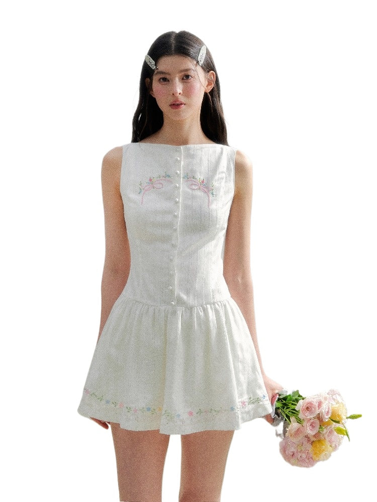 White Embroidered V-neck Dress