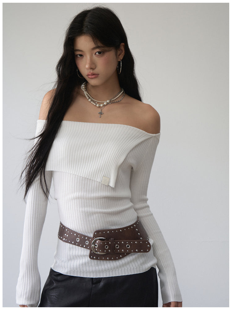 One-Shoulder Collared Knit Crewneck
