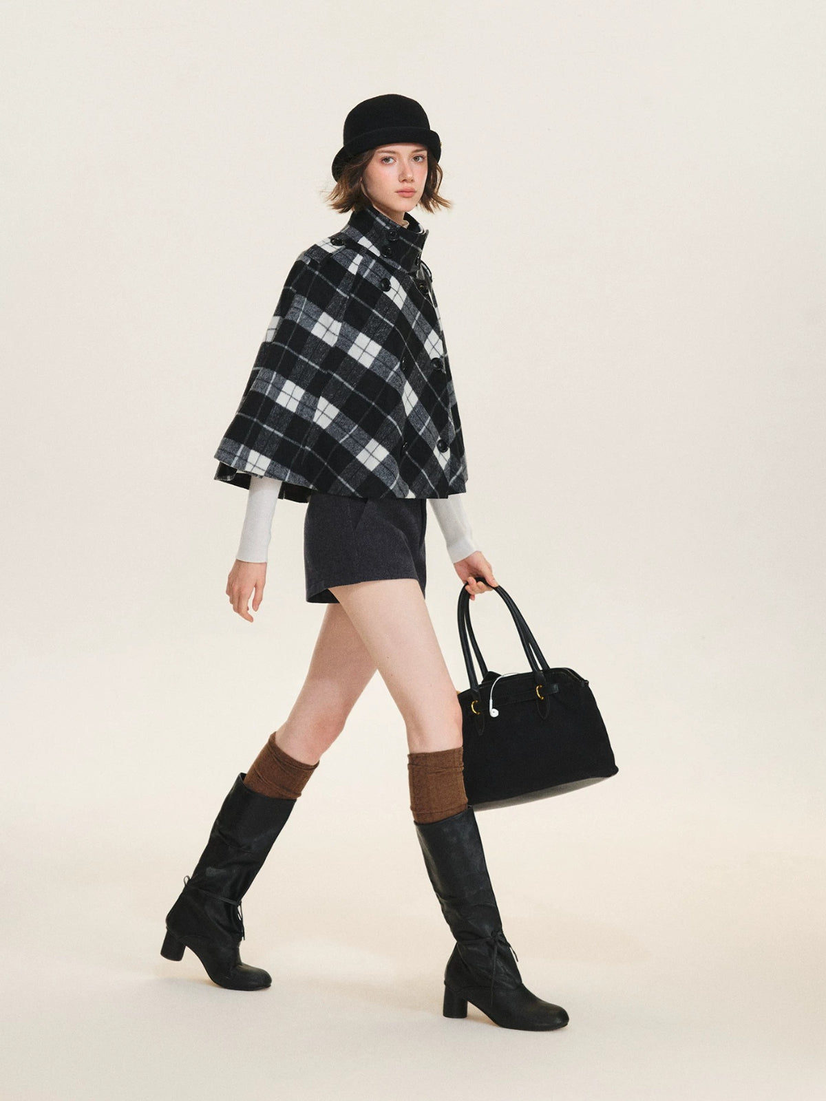 Checked Wool Blend Cape Coat