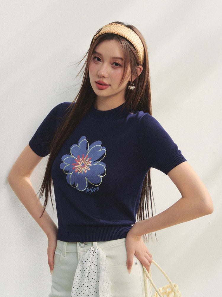 Floral Embroidered Crew Neck Short-Sleeve Knit Top