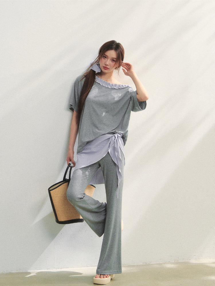Checkered Asymmetric Shoulder Short-Sleeve T-Shirt & Pants Set