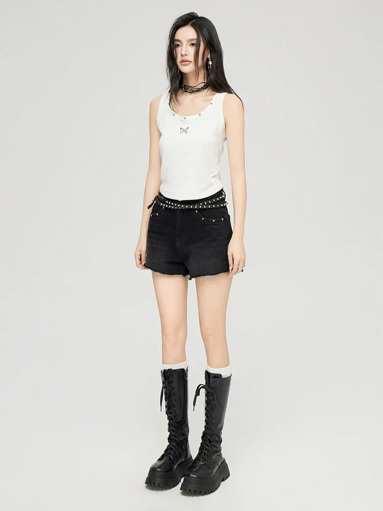 White & Black Butterfly Printed U-neck Tank Top