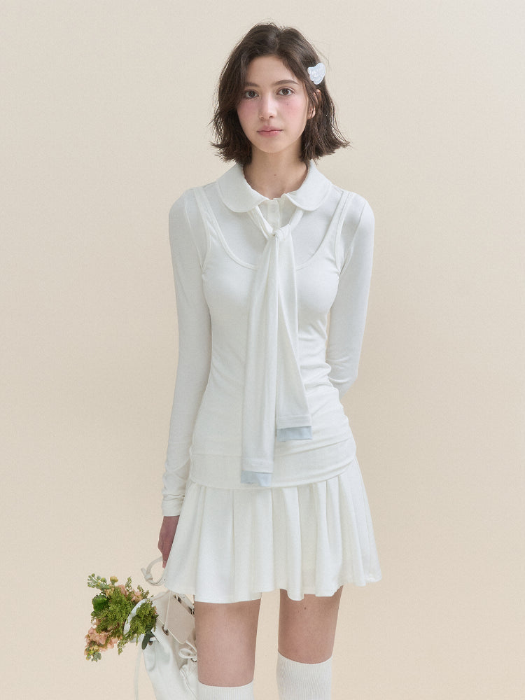 White & Blue Collared Knit Top & Skirt Set