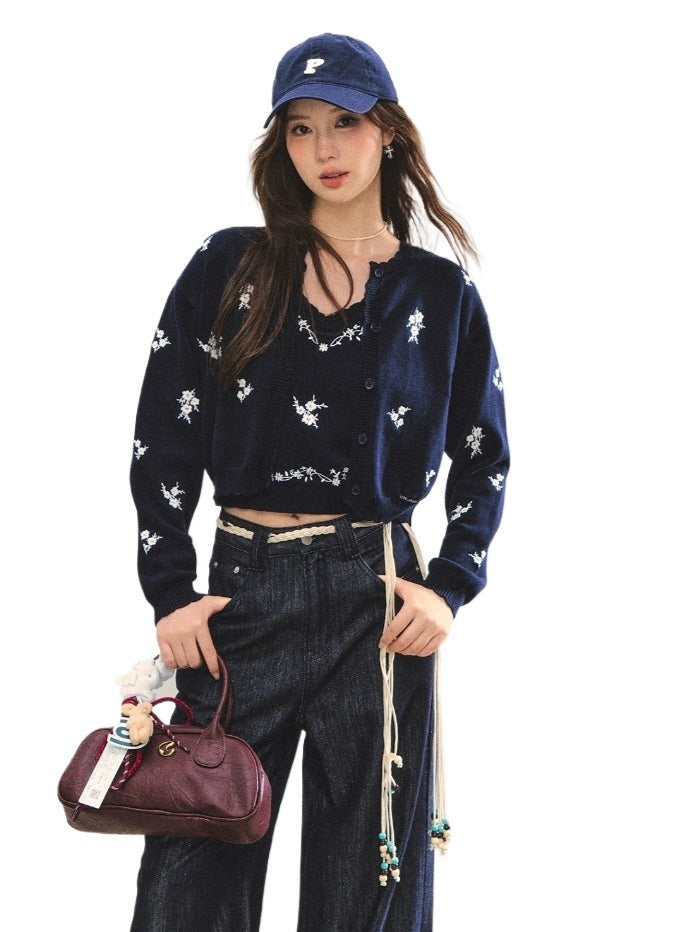 Navy Floral Embroidered Cardigan & Camisole Set