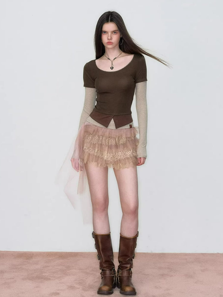 Lace Panel Tiered Skirt