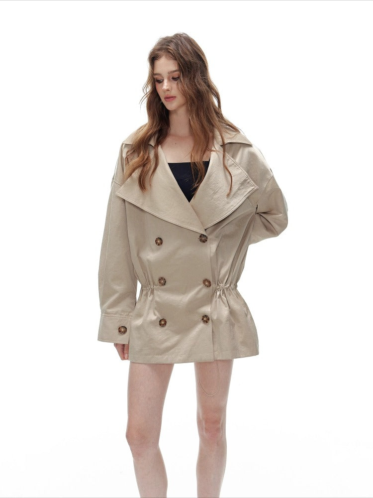 Khaki Double-Breasted Short Trench Coat & Waist Belt Set