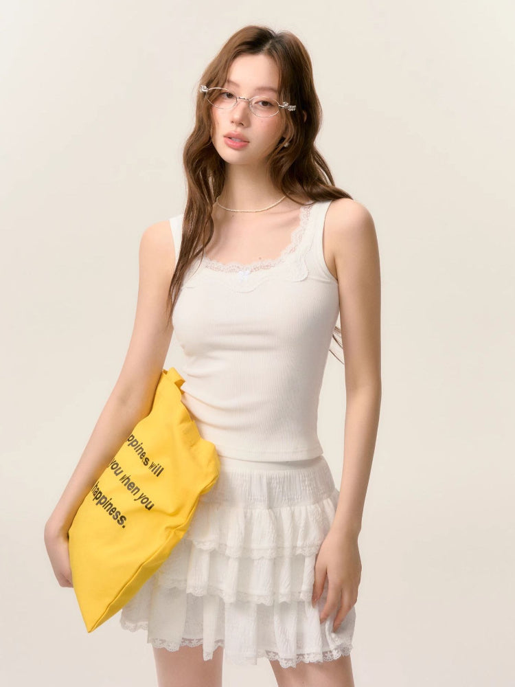 Lace Trim A-line Tulle Skirt