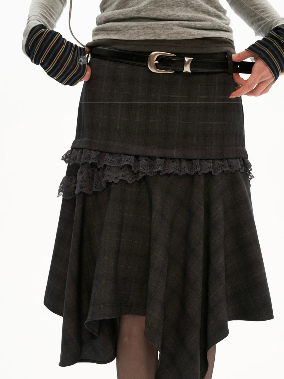 Asymmetrical Layered Plaid Midi Skirt