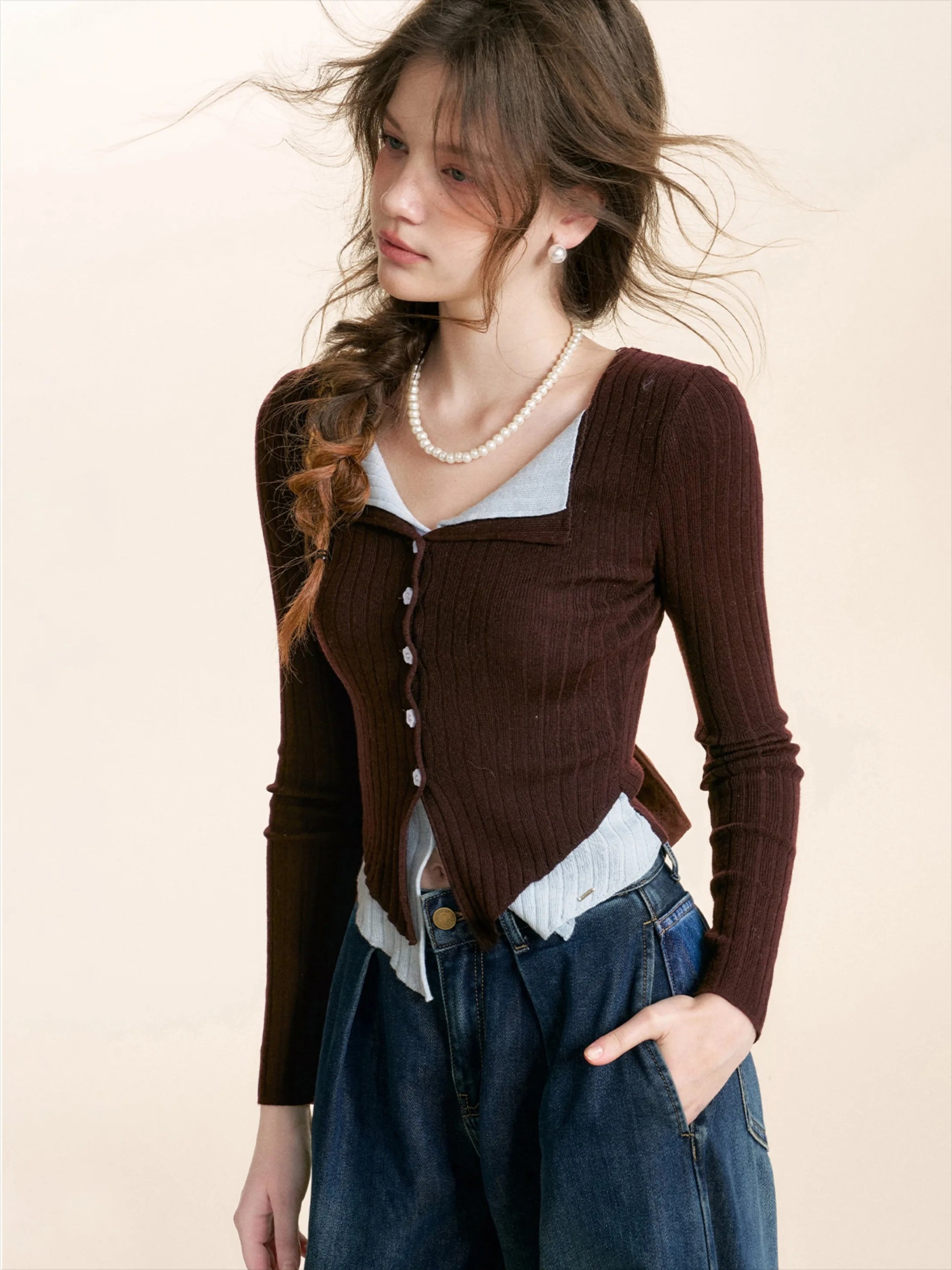 Contrast Knit V-neck Cardigan