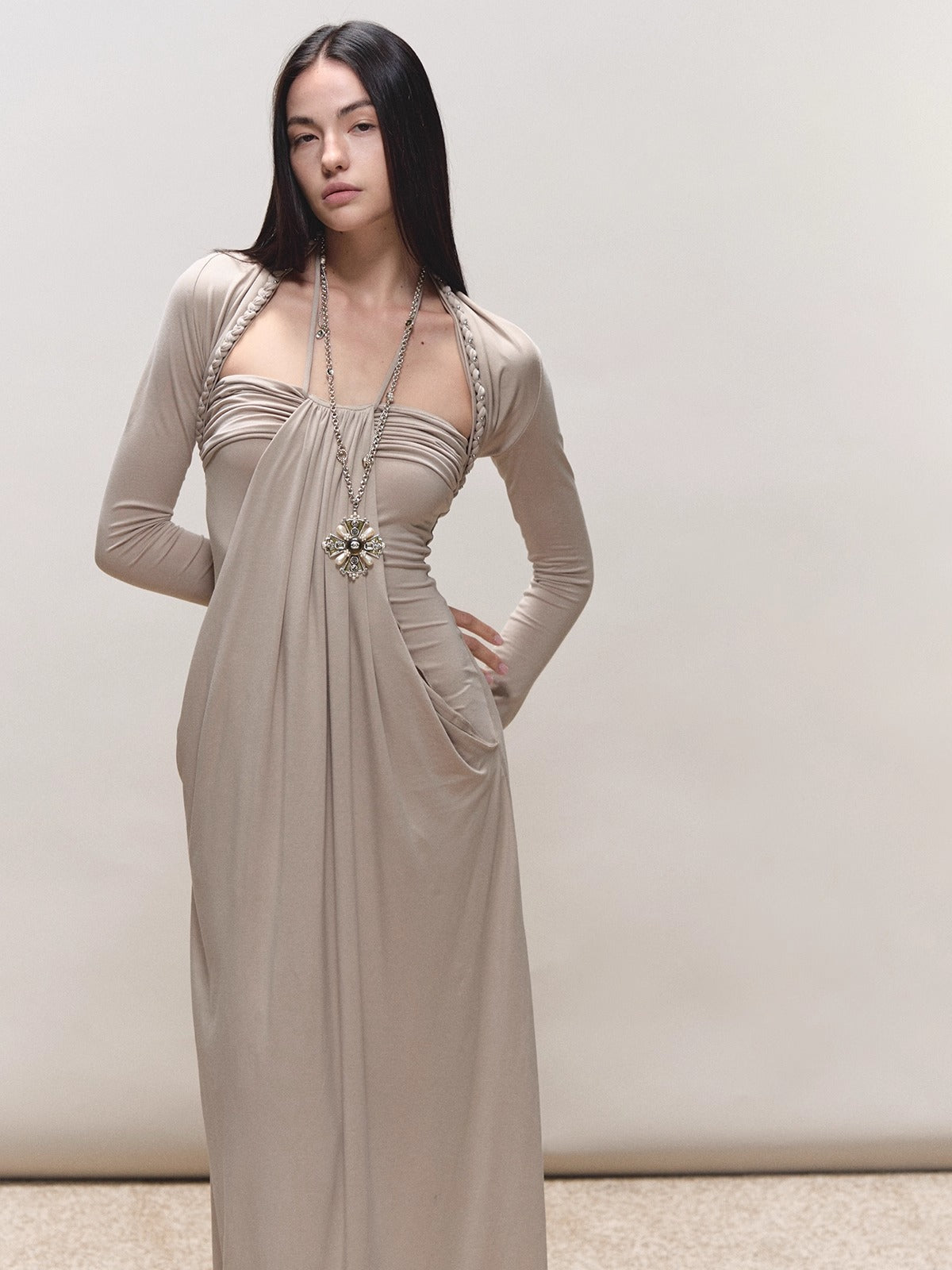 Lyocell Braided-Halter Ruched Dress Set