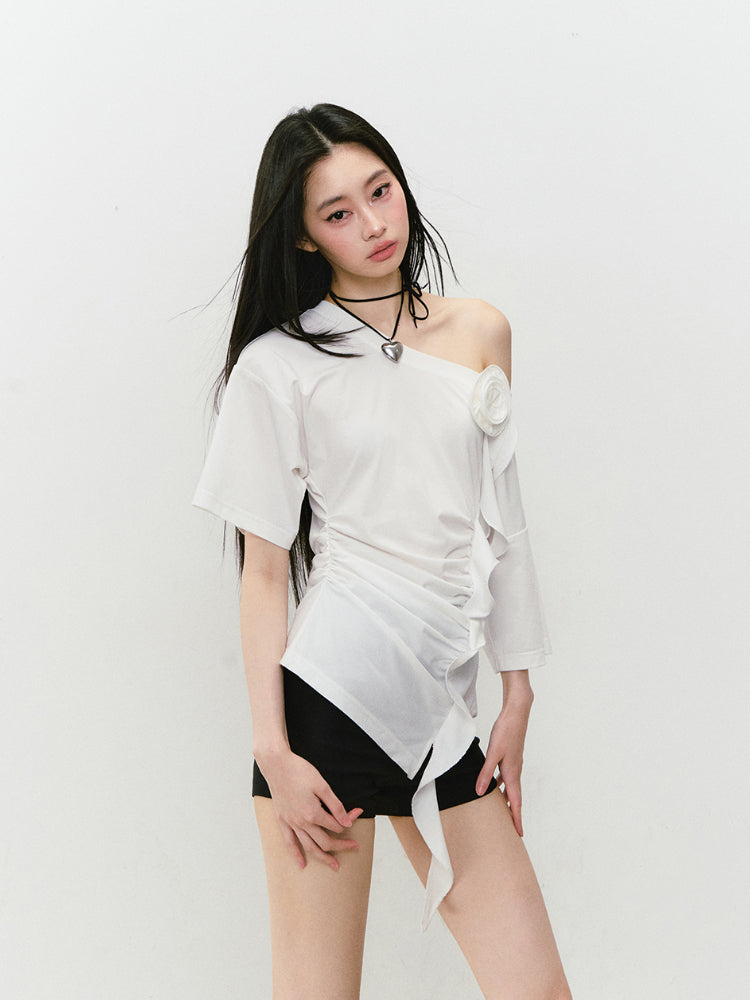 Asymmetric Shoulder 3D Floral T-shirt