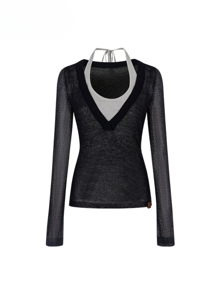 Fake Two-Piece Halter V-Neck Knit Sweater