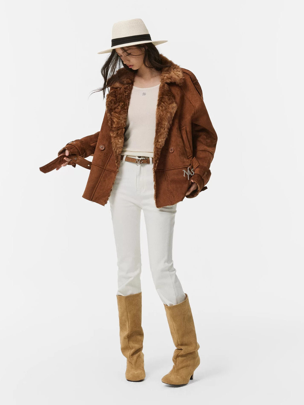 Faux Suede Plush Collar Coat
