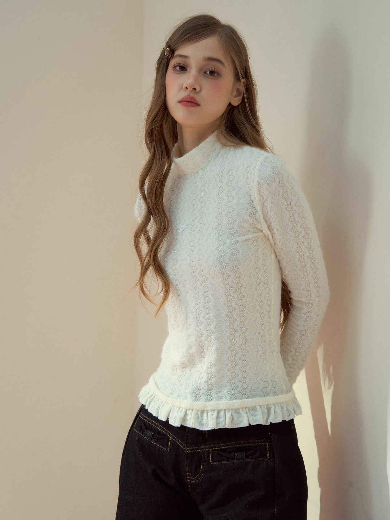 Layered Lace-Texture Mock Neck Knit Top