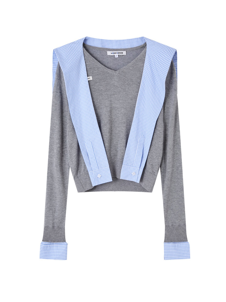Fake Two-Piece Twist-Knot Spliced V-Neck Knit Top