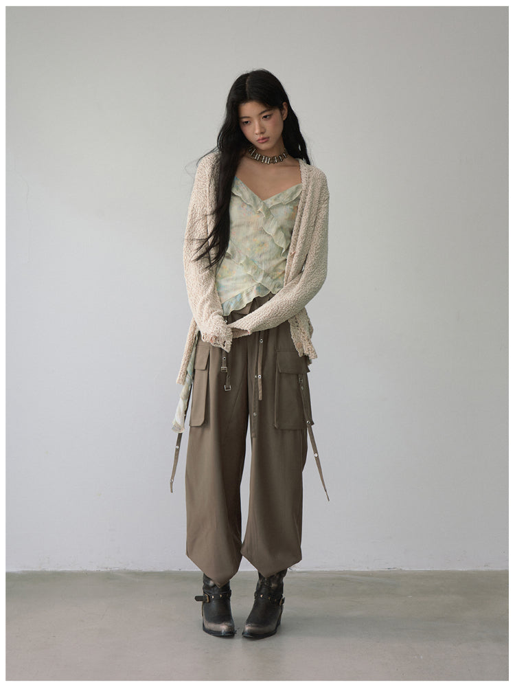 Folded Waist Three-Dimensional Pocket Casual Pants