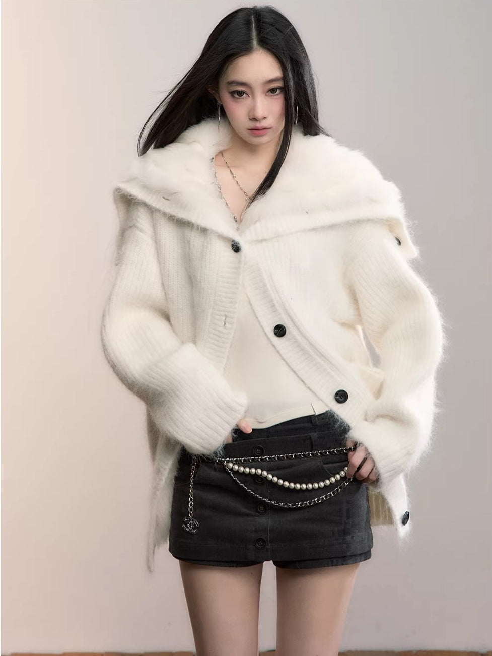 Fox Fur Large Notch Collar Cardigan