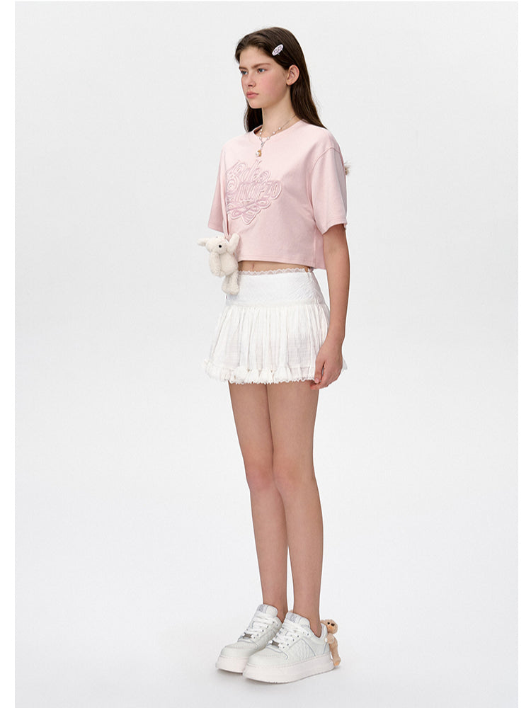 Applique Embroidery Gathered Short-Sleeve T-Shirt