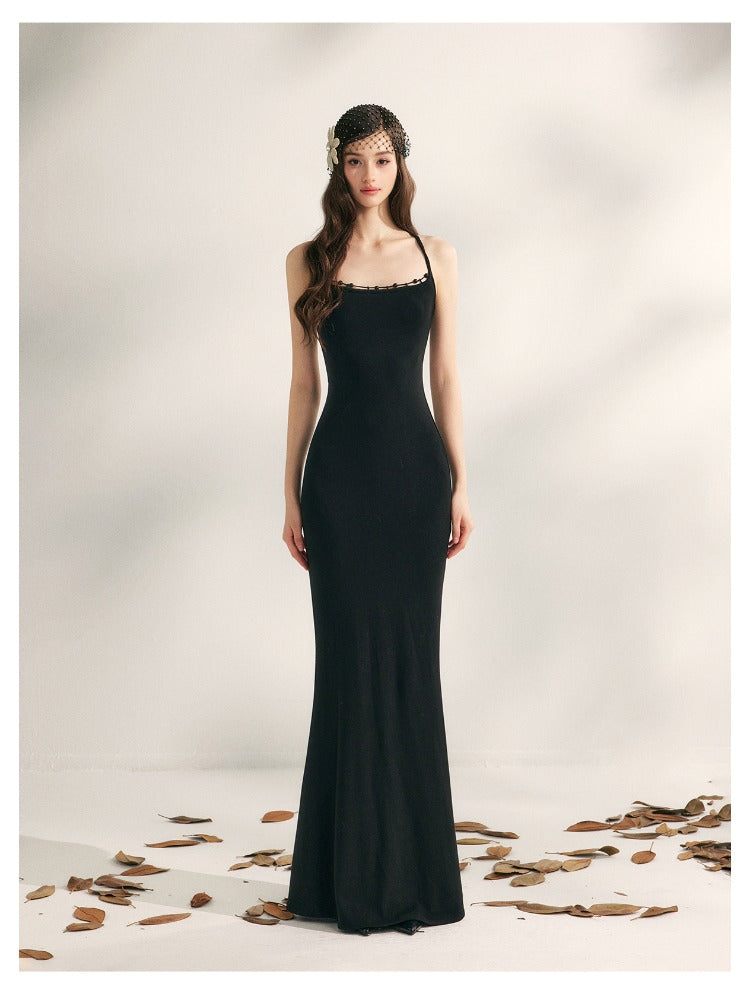 Beaded Halter Knit Fishtail Dress