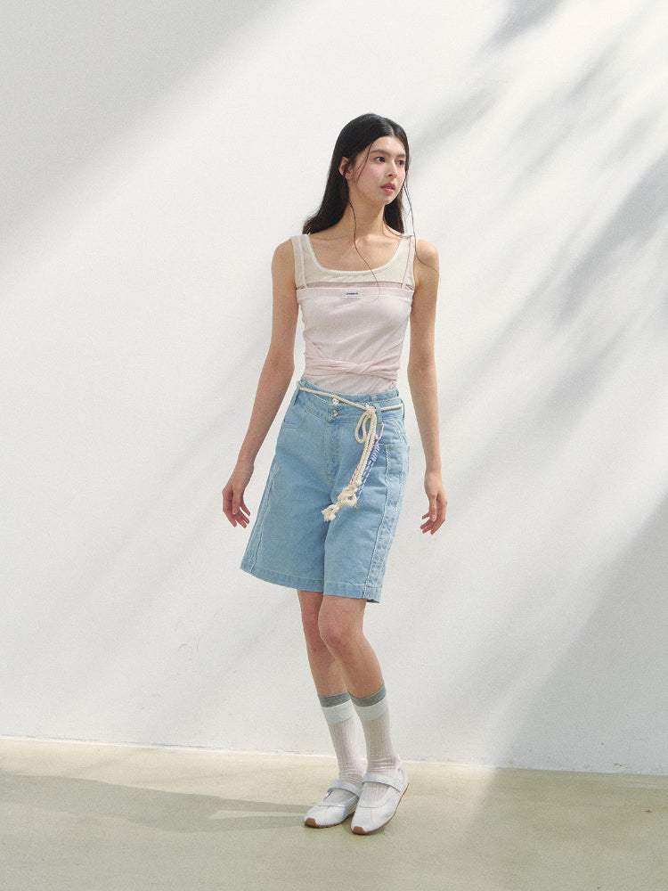 Lace-adorned Polka-dot Denim Capri Pants