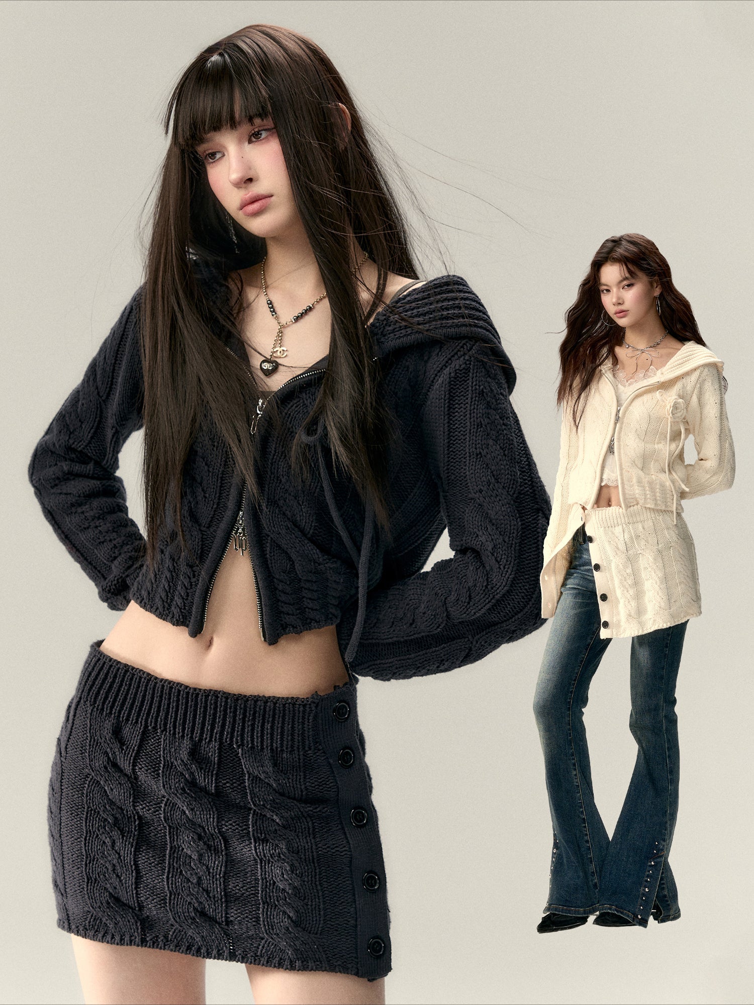 Black & Apricot Buttoned Knit Skirt