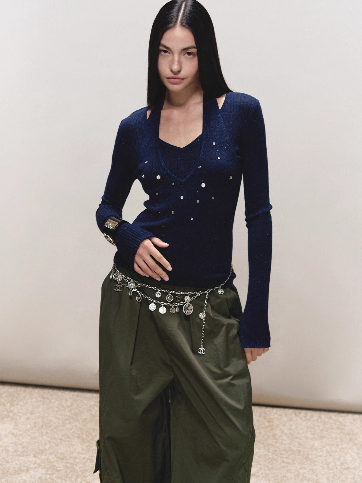 Wool Halter Sequin Long-Sleeve Top