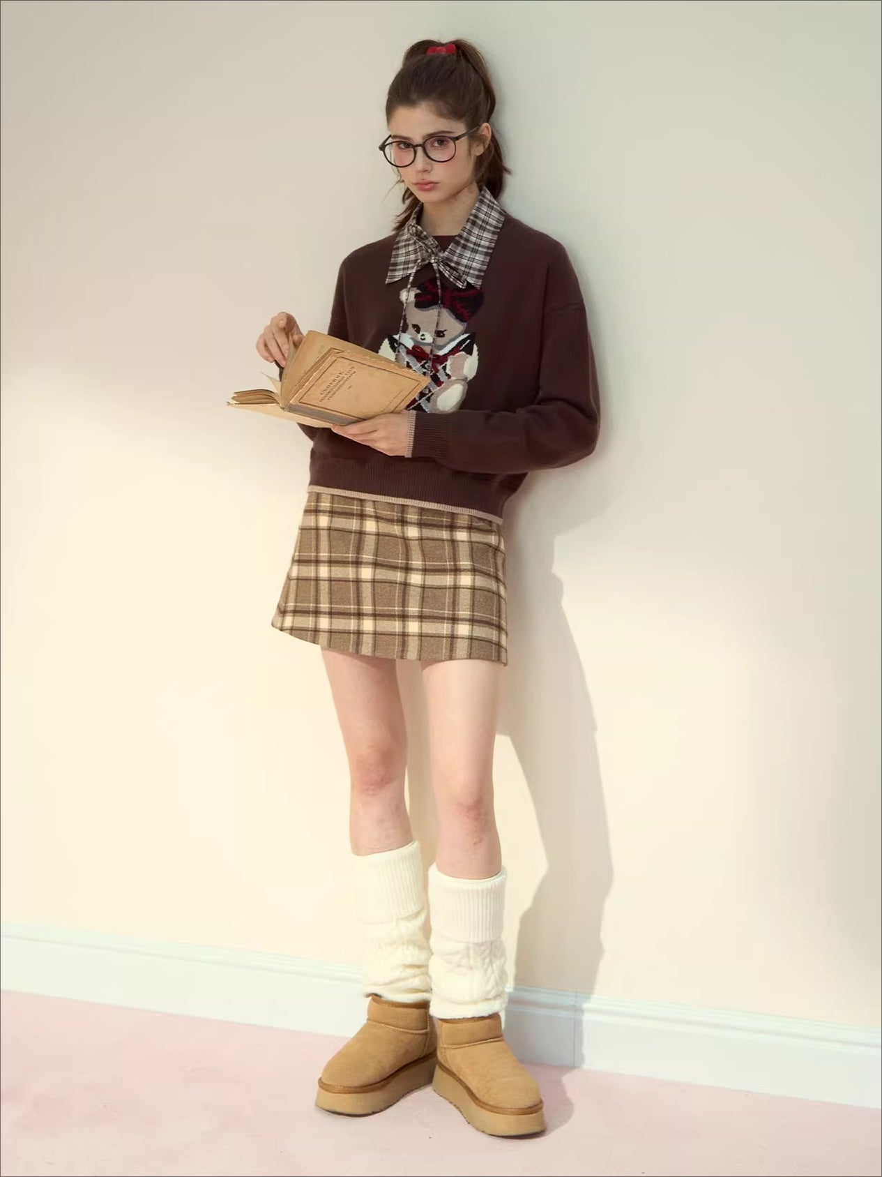 Pink & Brown Plaid A-line Wool Skirt