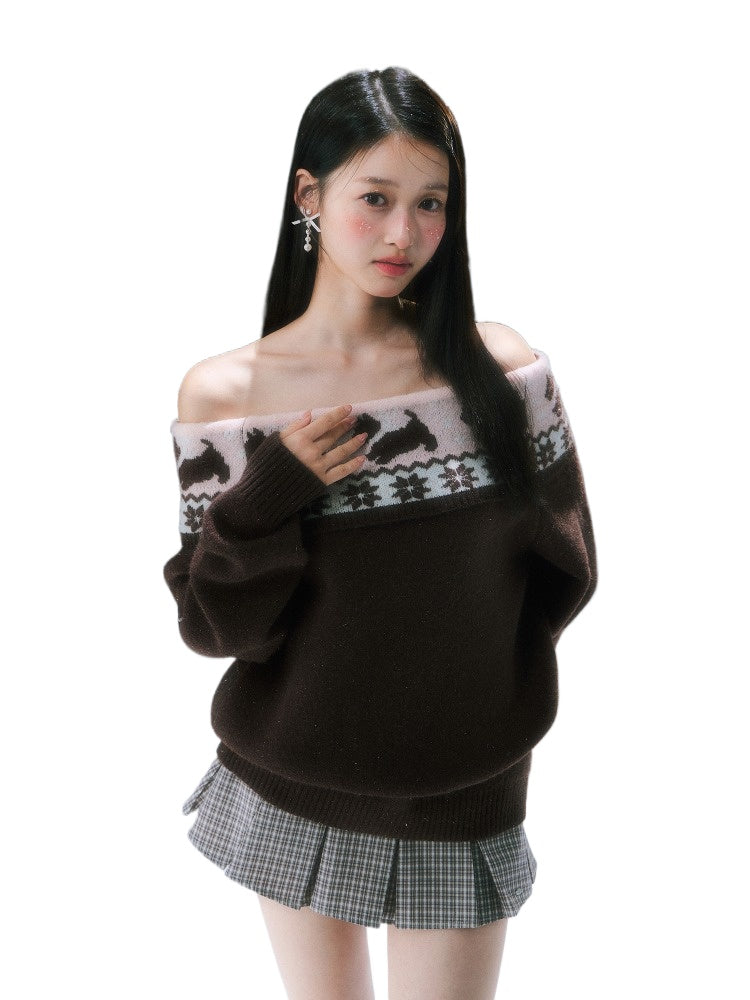 Brown Fair Isle Off-shoulder Sweater & Skirt Set