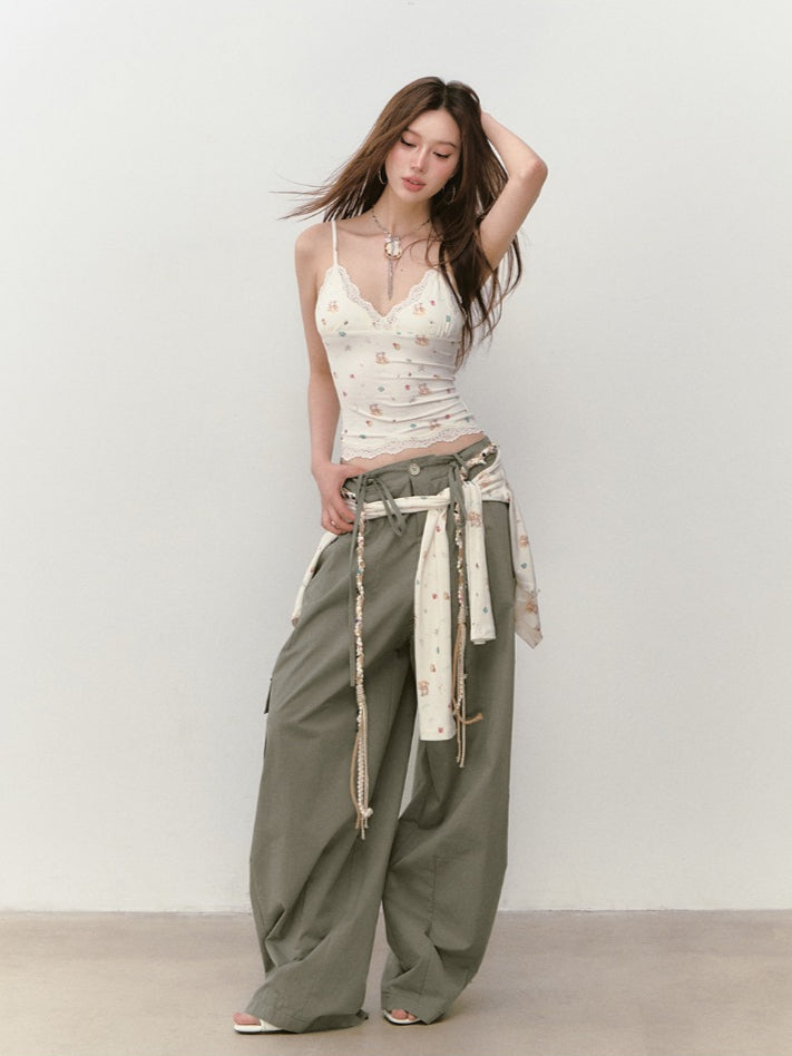 Wide-Leg Beaded Cargo Large Pockets Pants