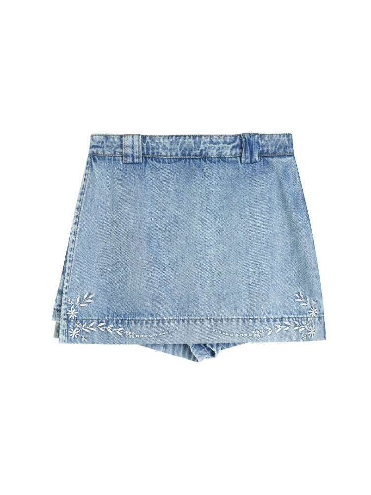 Embroidered Floral Denim Top & Skort Set