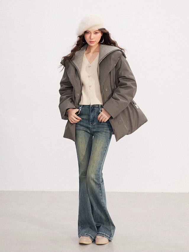 Belted Contrast-Knit Collar Down Coat