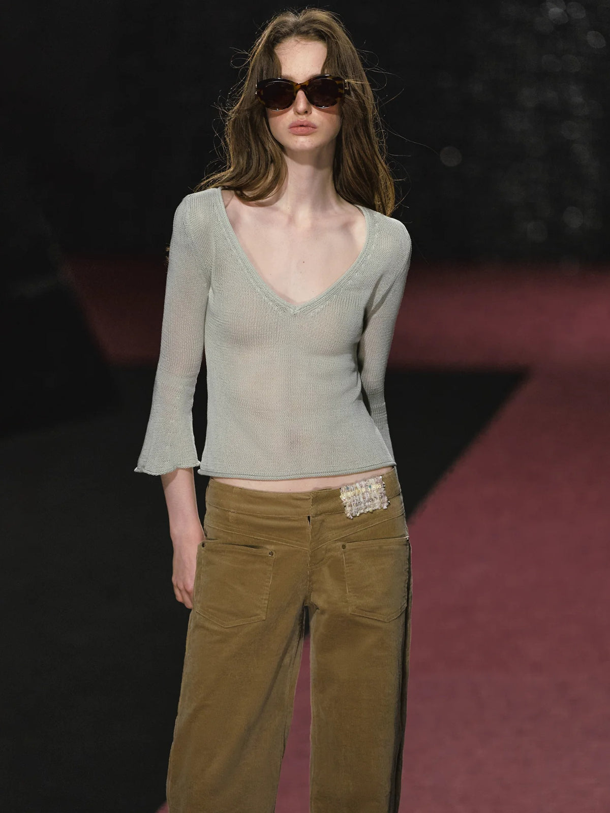 Semi-Sheer V-Neck Bell Sleeve Sweater