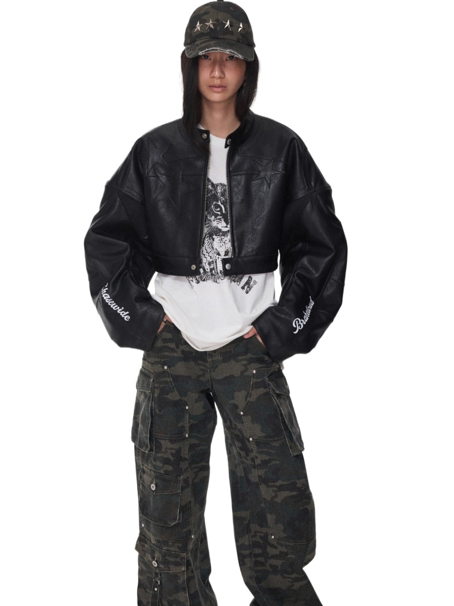 Letter Print Structured Cropped Moto Leather Jacket