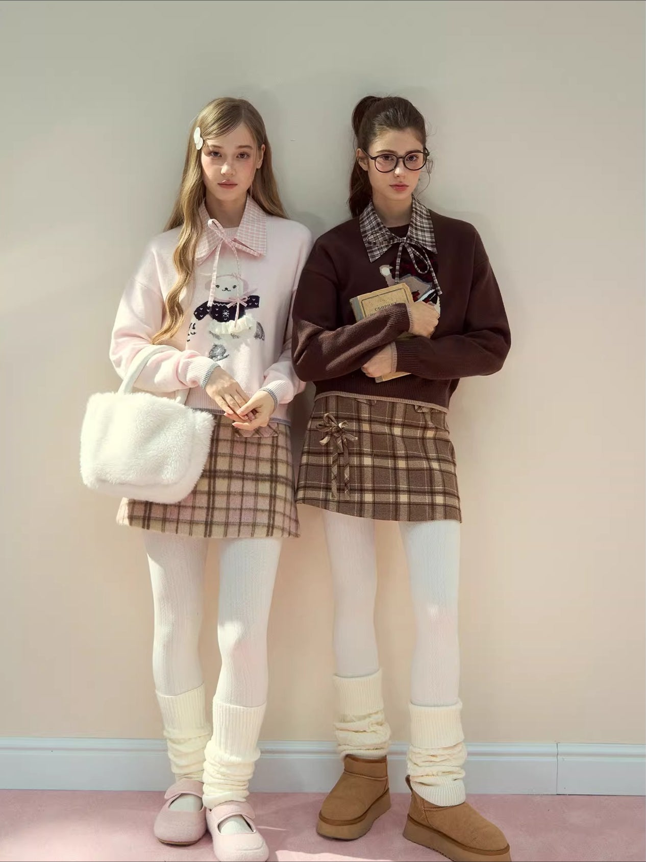 Pink & Brown Plaid A-line Wool Skirt