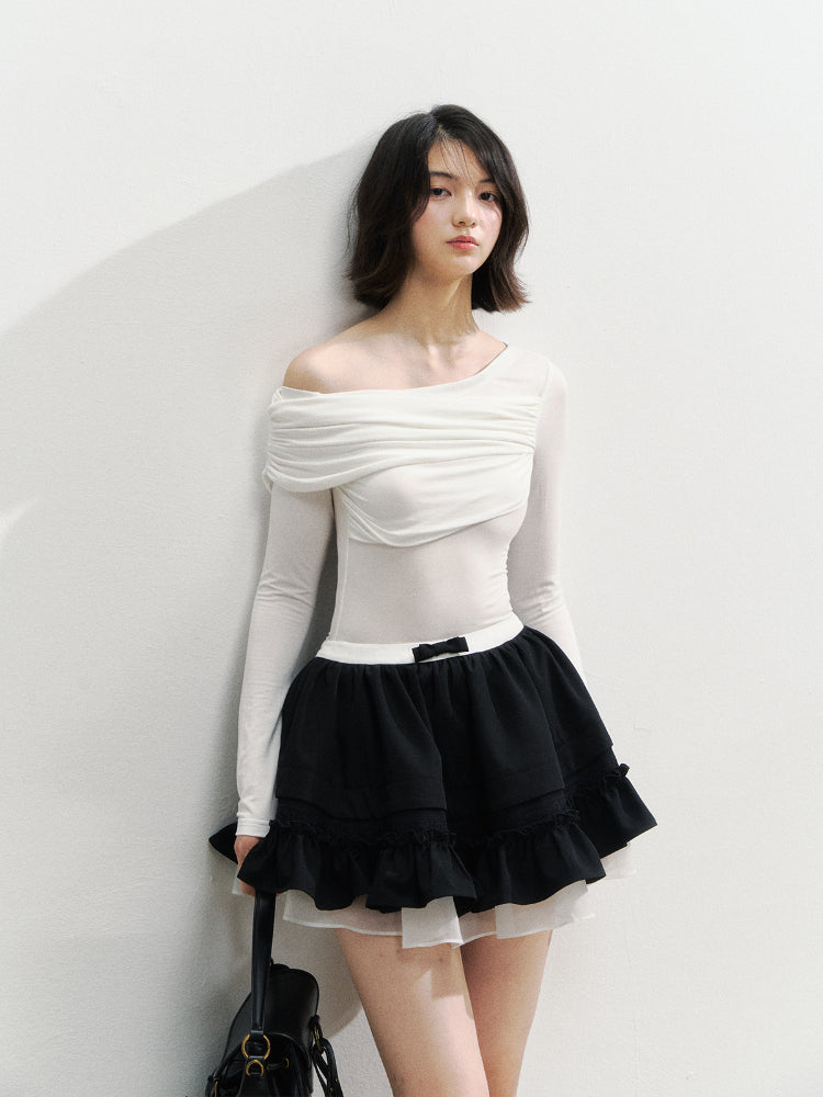 Asymmetric Shoulder Voluminous Ruched T-Shirt