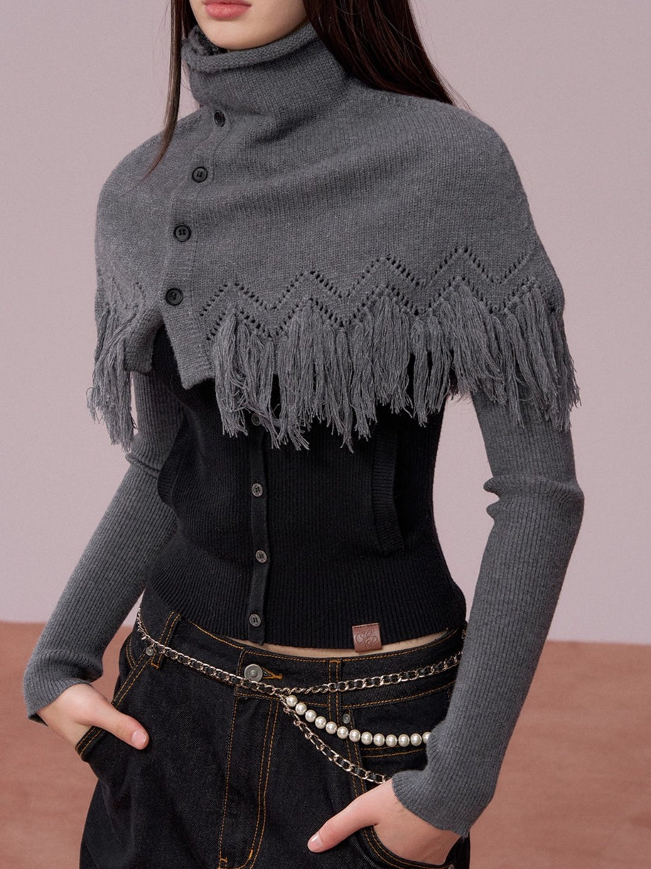 Color-Block High Neck Knit Top & Fringe Cape Set