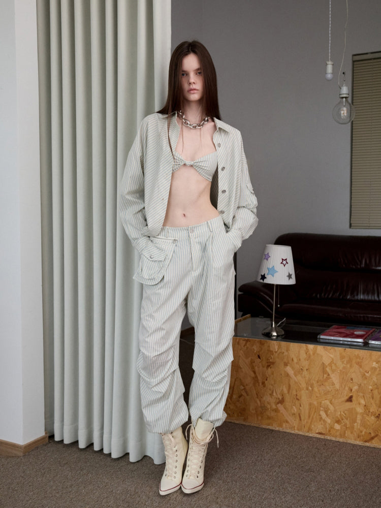 Retro Diagonal Cut Striped Bud Shirt & Cargo Set