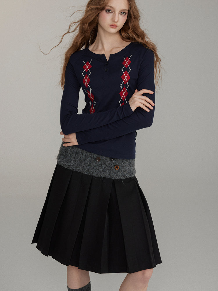 Patchwork Button Wool Pleated Skirt