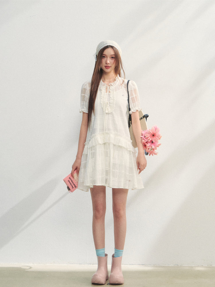 Checkered Hollow-Out Ruffled Dress Set