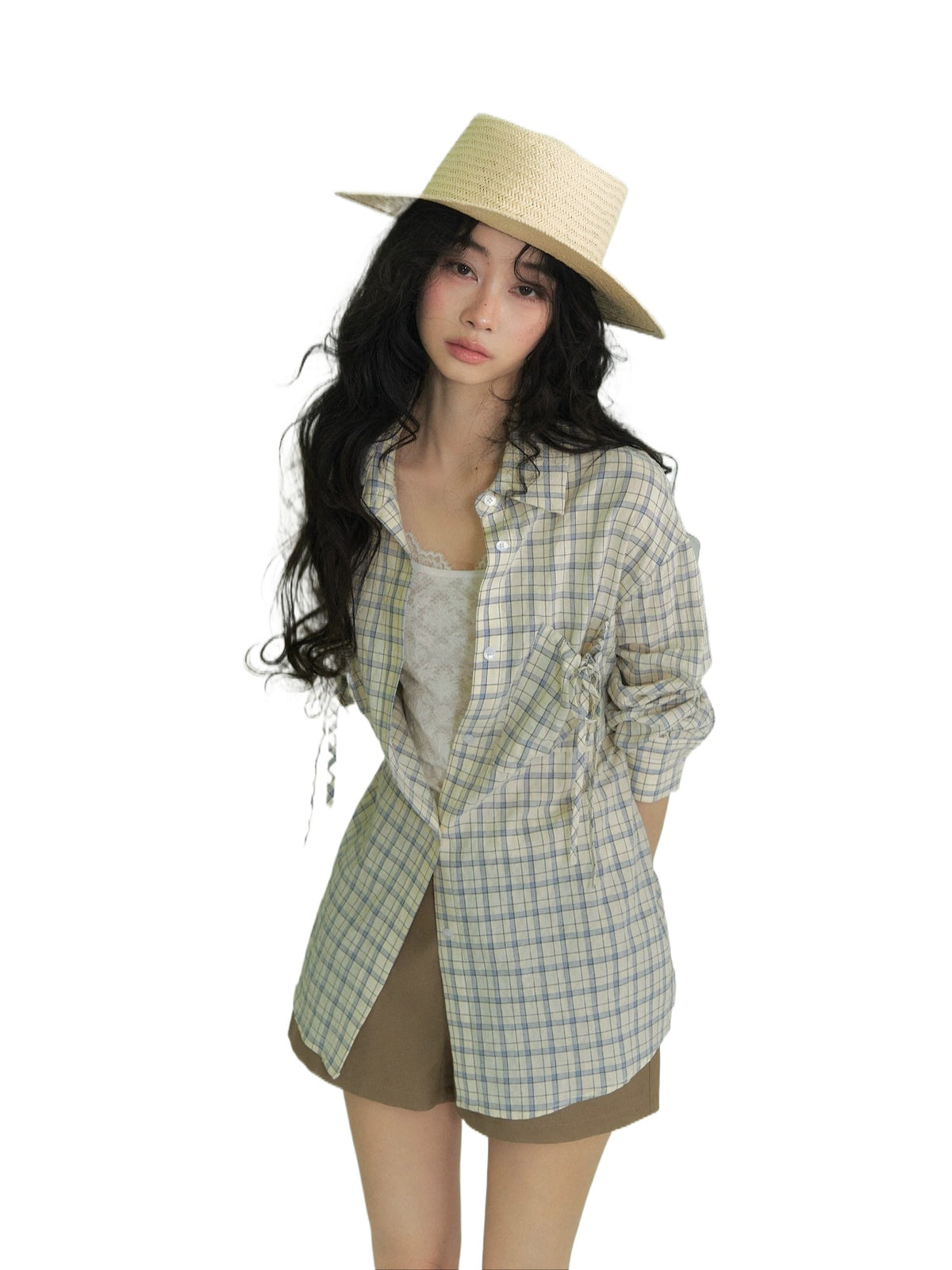 Drawstring Pocket Plaid Shirt