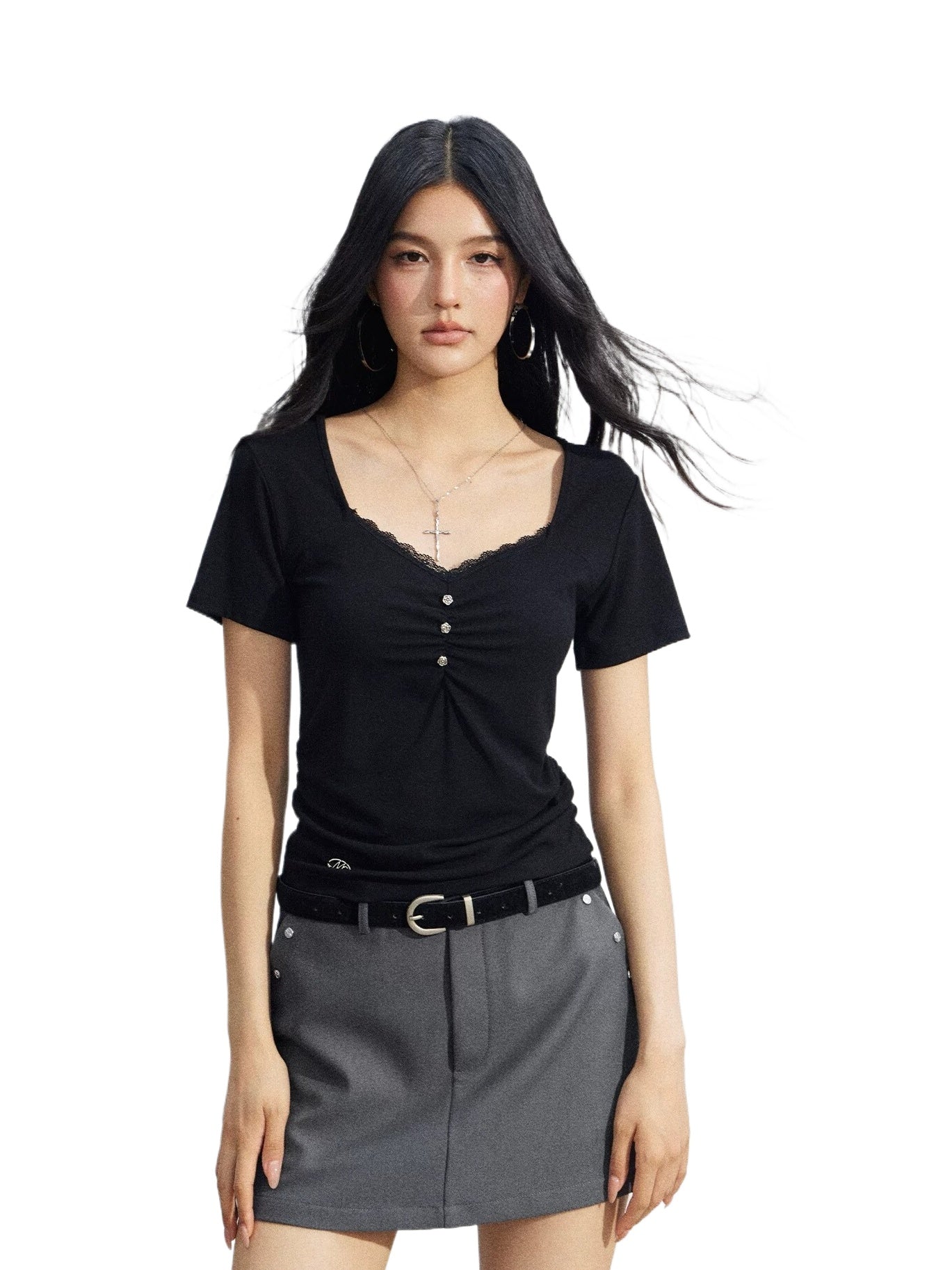 Lace Ruched Slim Tee