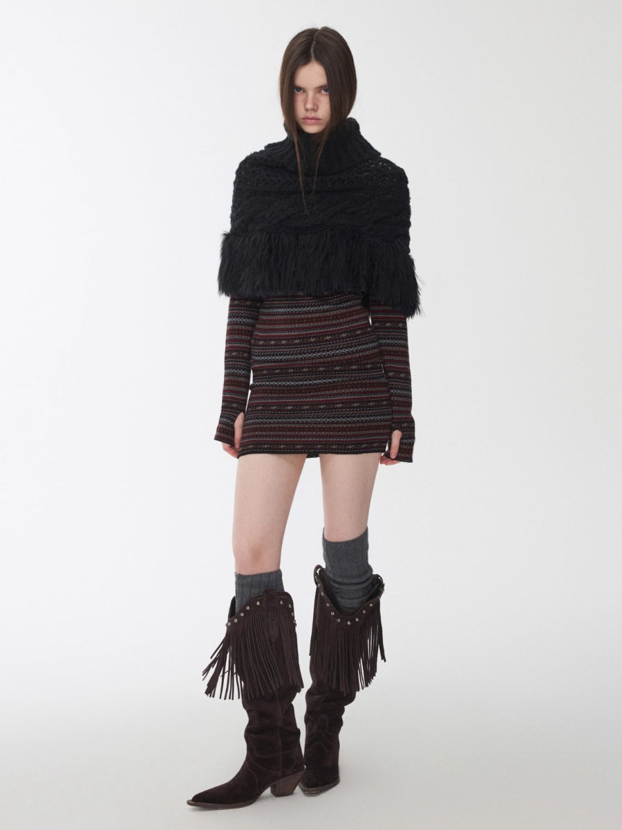Cable Knit Fringed High-Neck Wool Blend Poncho