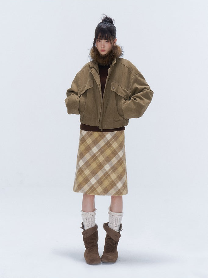 Yellow Plaid Wool-Blend A-Line Skirt