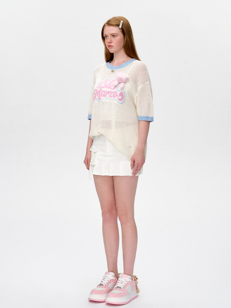 Hollow Color-Blocked Logo Round Neck T-shirt