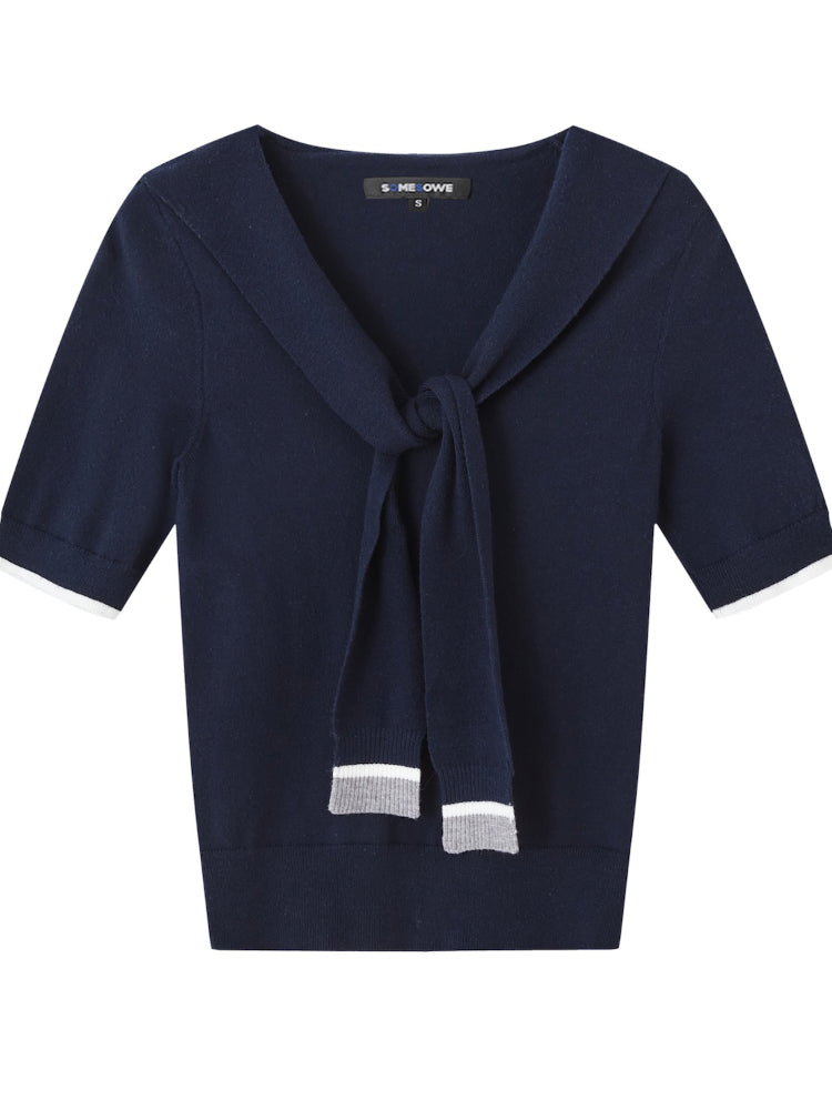 Preppy Style Collared Tie Knit Top