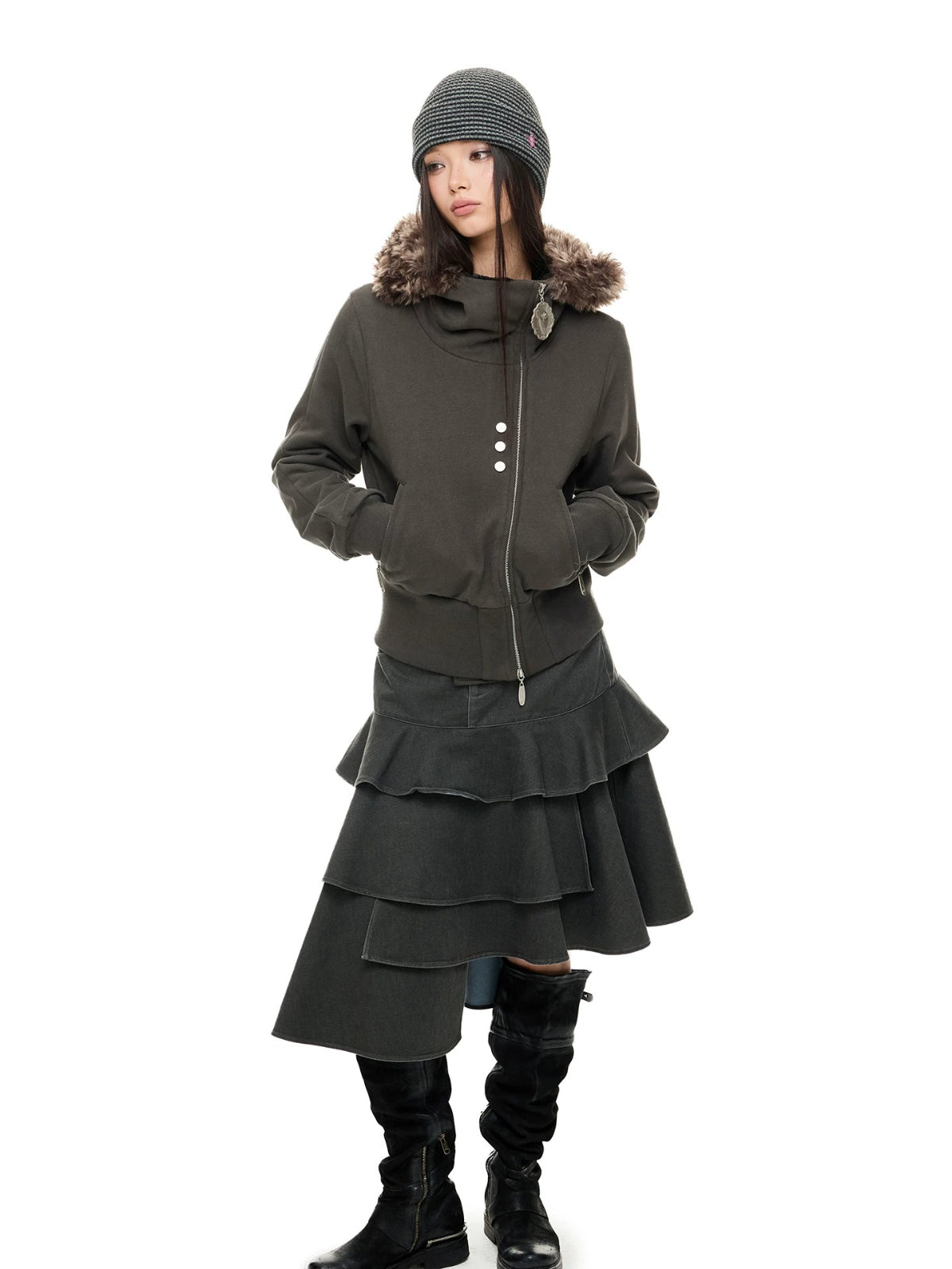 Hooded Cropped Fur Trim Jacket