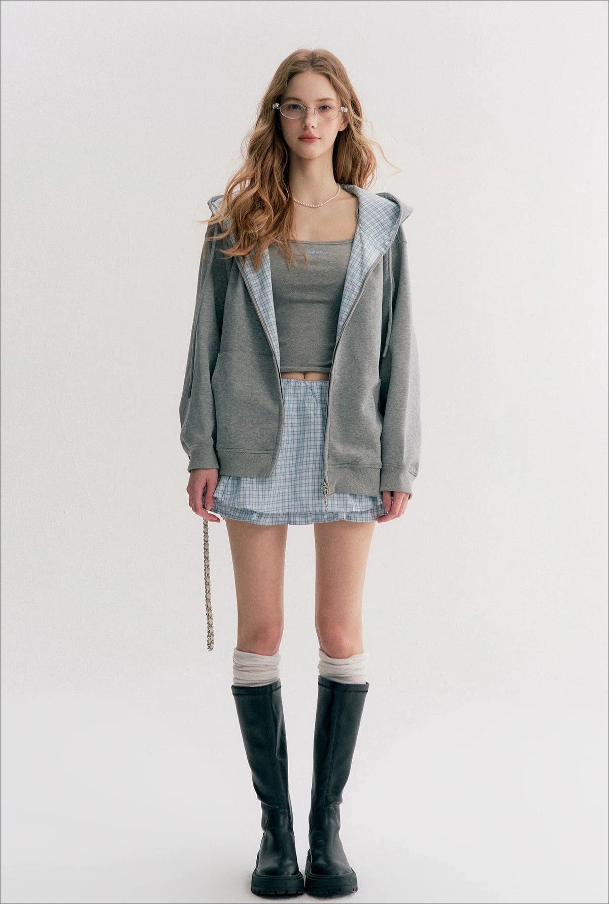 Gray Plaid Hoodie Three-Piece Set