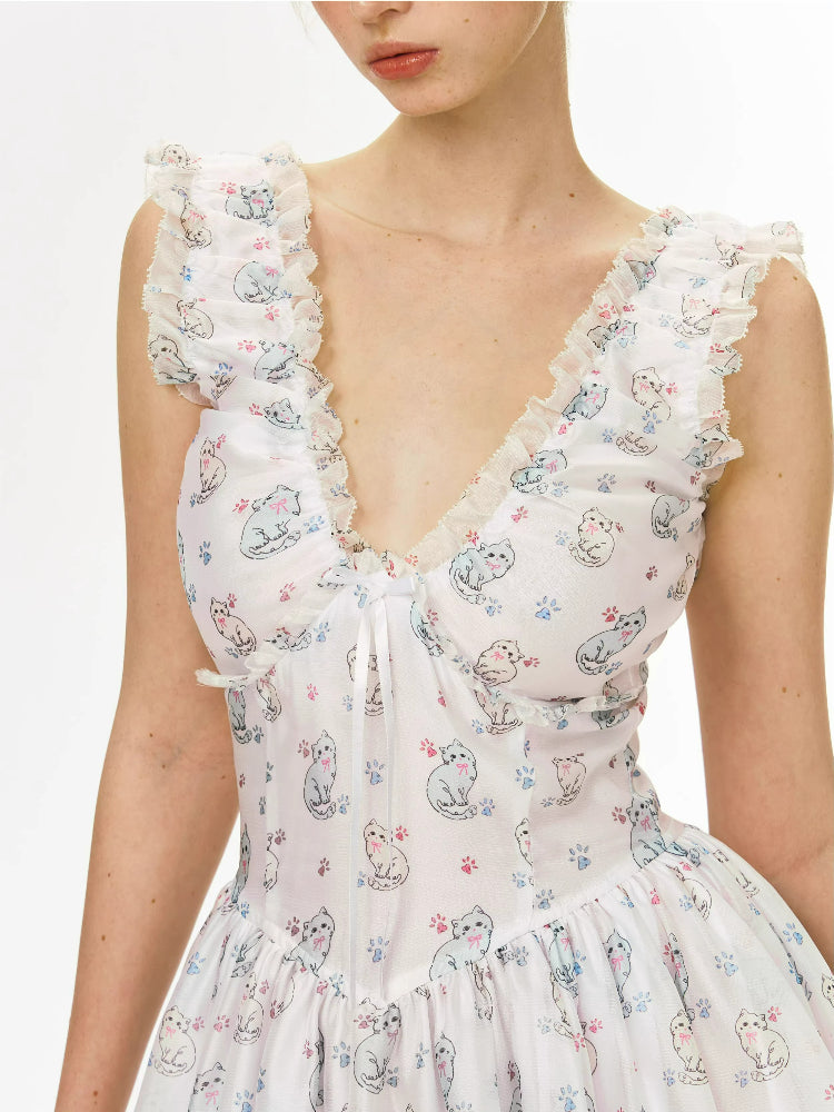 Meow Print V-Neck Dress