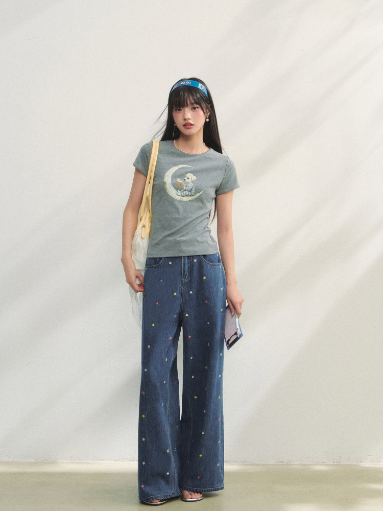 Colorful Floral Embroidered Straight-Leg Jeans