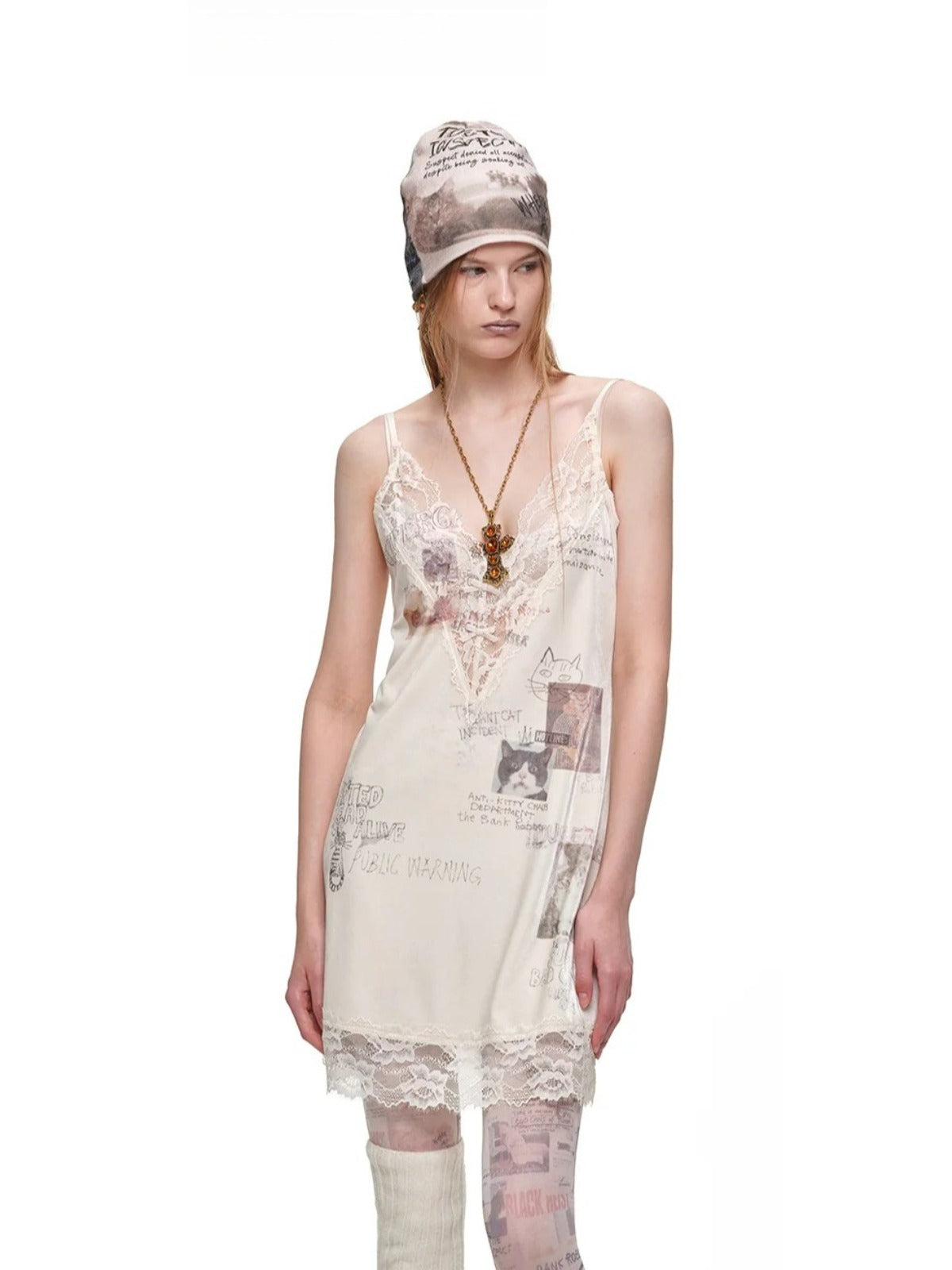 Cat Print Lace Velvet Dress